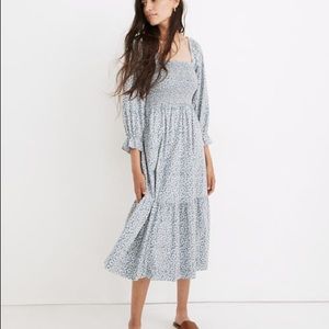 Madewell Lucie Elbow-Sleeve Smocked Midi Dress in Sunflower Field Blue 2X